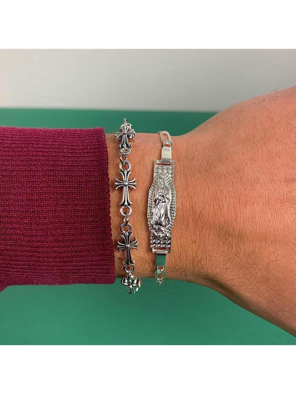 Vintage Y2k Style Silver Saint Marry Cuban Link Figaro Bracelet. Nice quality - Picture 2 of 8